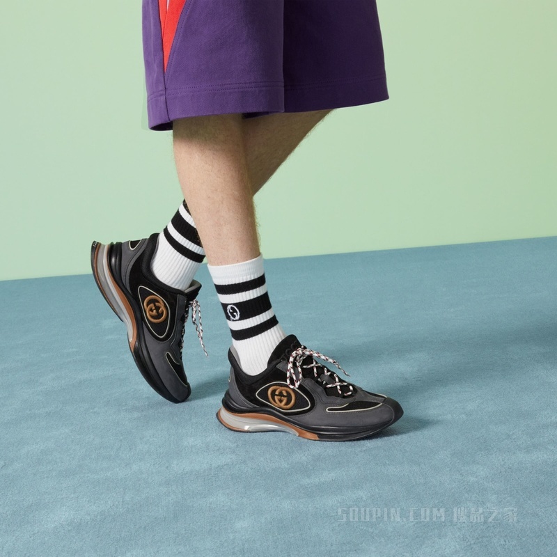 Gucci Run系列男士运动鞋 灰色绒面材质