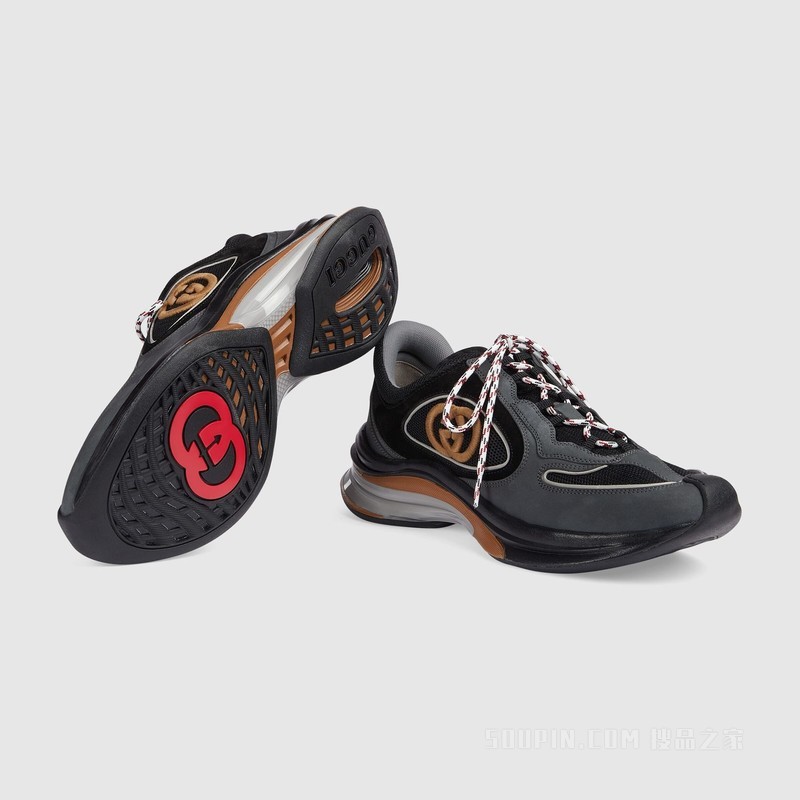 Gucci Run系列男士运动鞋 灰色绒面材质