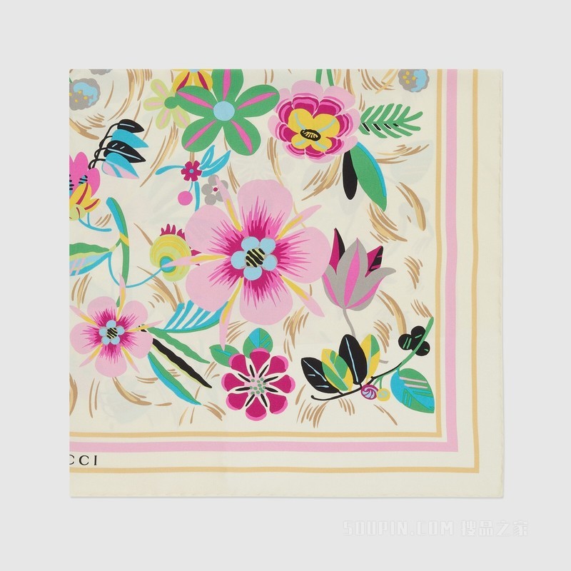 花卉印花真丝斜纹方巾 象牙白、粉色和彩色