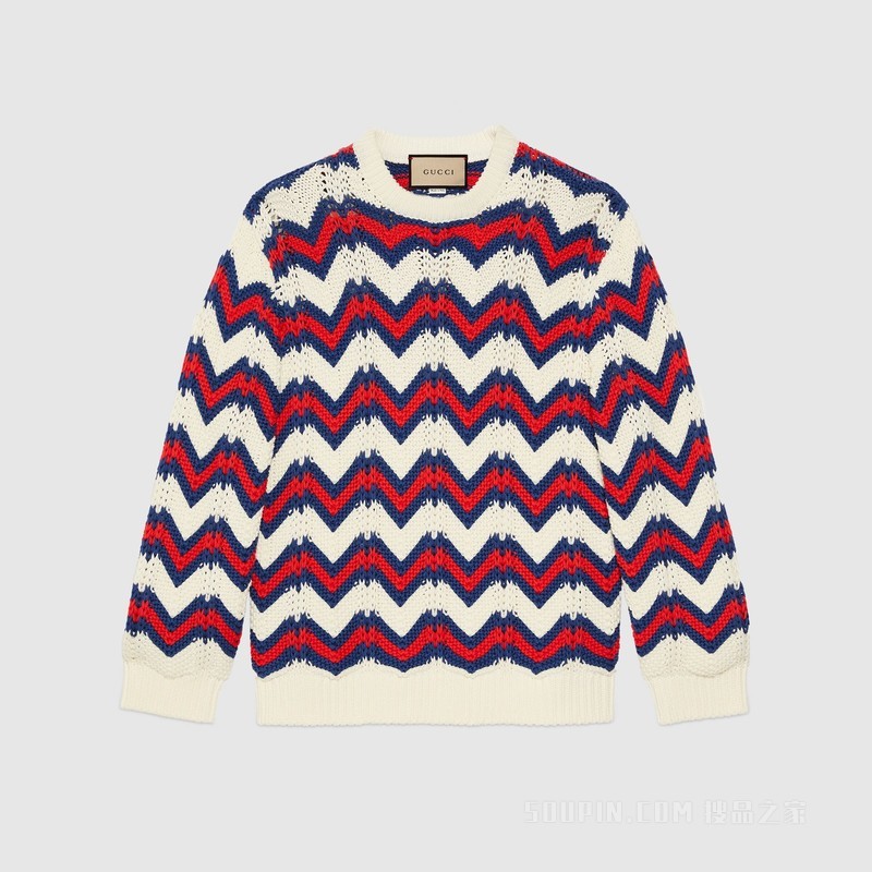 V形针织棉质针织衫 象牙白色、蓝色和红色