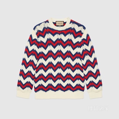 V形针织棉质针织衫 象牙白色、蓝色和红色