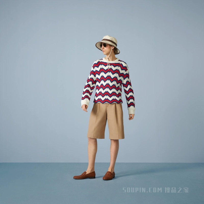 V形针织棉质针织衫 象牙白色、蓝色和红色