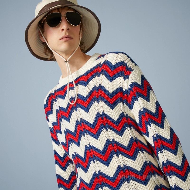 V形针织棉质针织衫 象牙白色、蓝色和红色