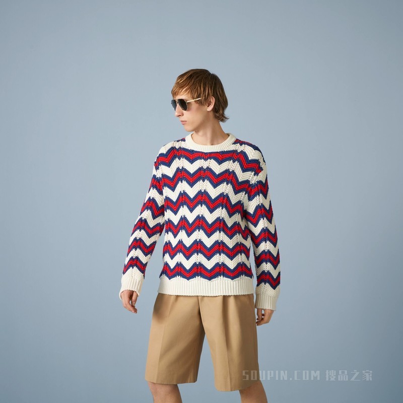 V形针织棉质针织衫 象牙白色、蓝色和红色