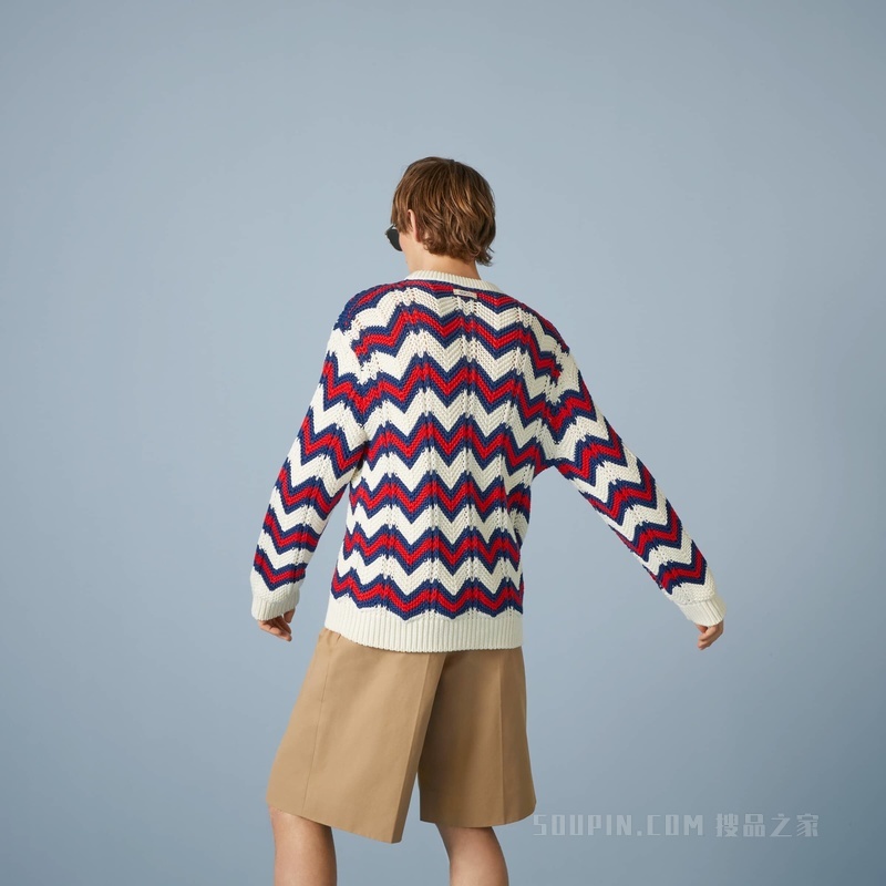 V形针织棉质针织衫 象牙白色、蓝色和红色