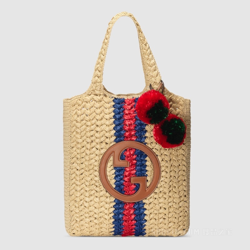 Gucci Blondie系列中号托特包 原色拉菲草效果织物