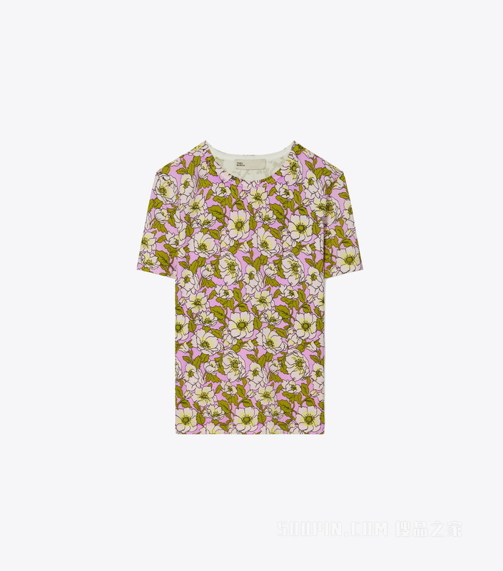 印花平织棉 T 恤 粉色花卉