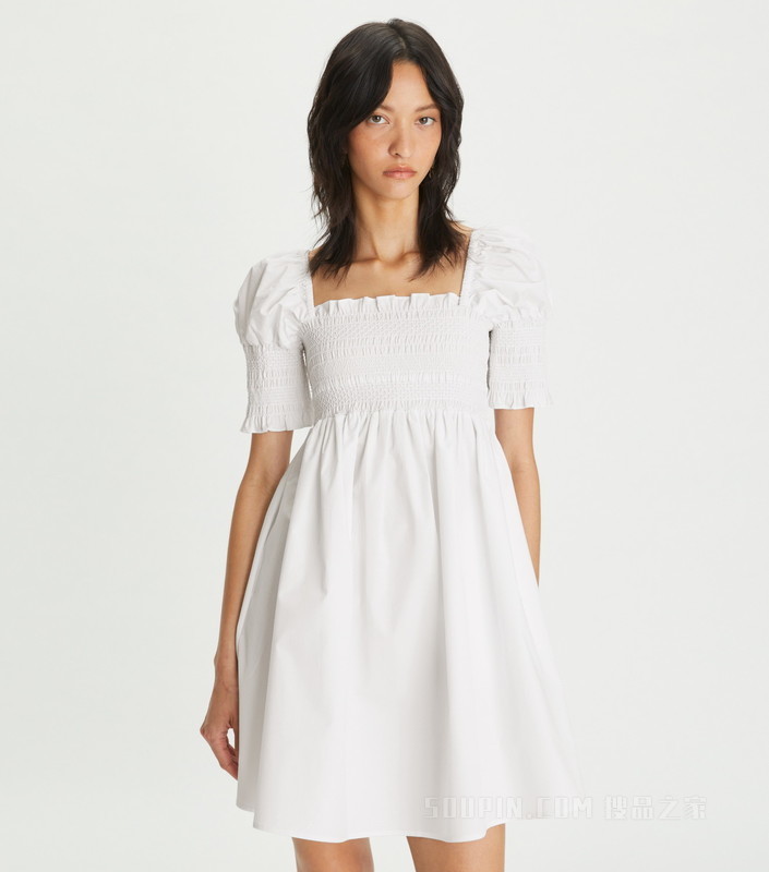 褶裥棉质迷你连衣裙 白色