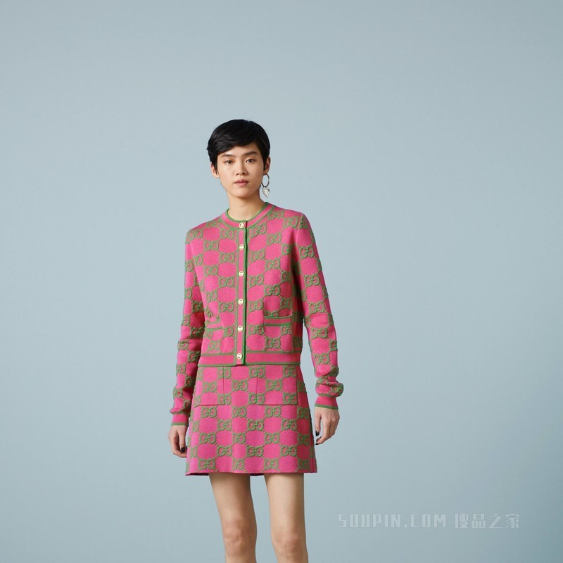 GG丝棉混纺开衫 玫红色和绿色