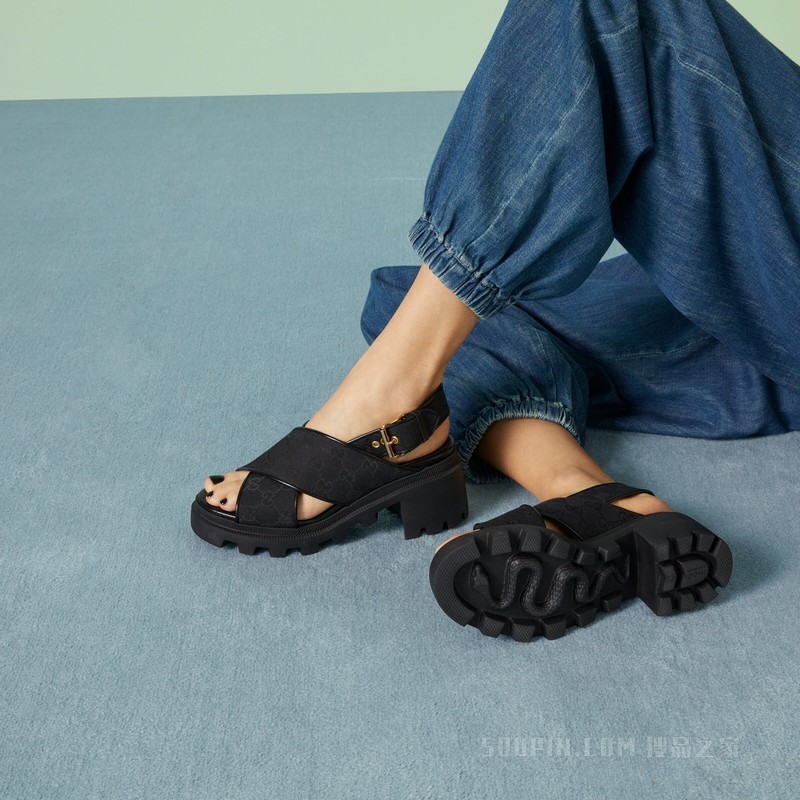 女士GG沟纹鞋底凉鞋 黑色GG Supreme帆布