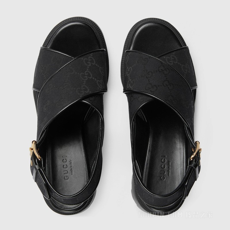 女士GG沟纹鞋底凉鞋 黑色GG Supreme帆布