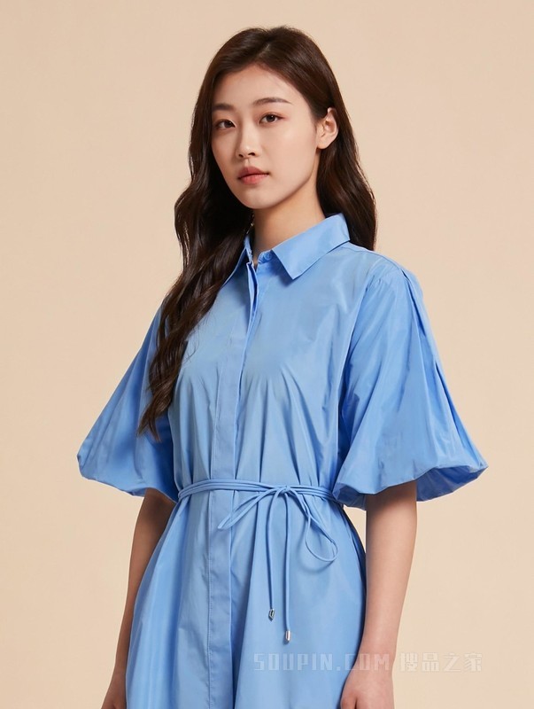 23新款春夏女装塔夫绸休闲系带花苞袖衬衫连衣裙WW0WW38291