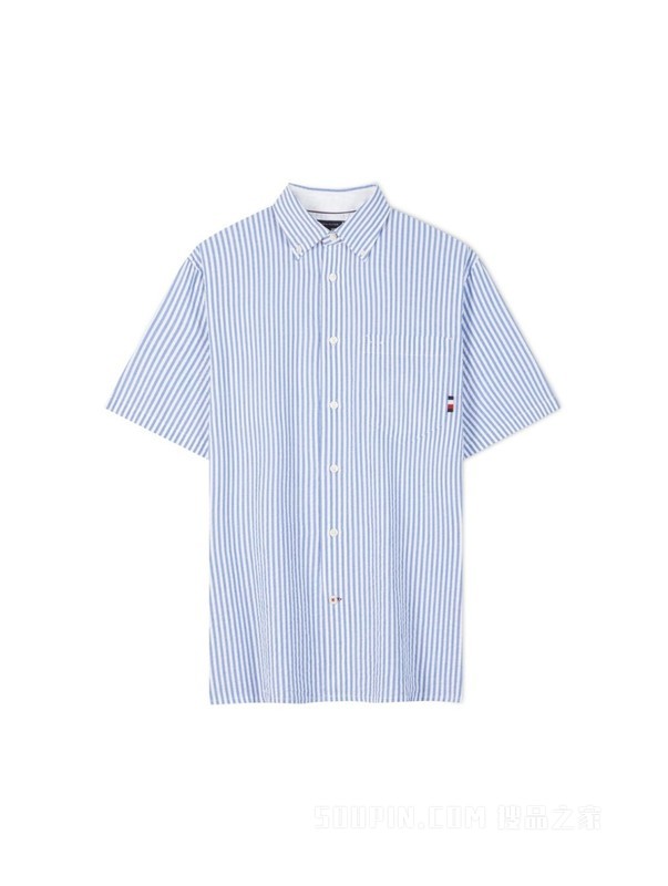 23新款早秋男装纯棉简约清爽条纹贴袋合身版短袖衬衫30107