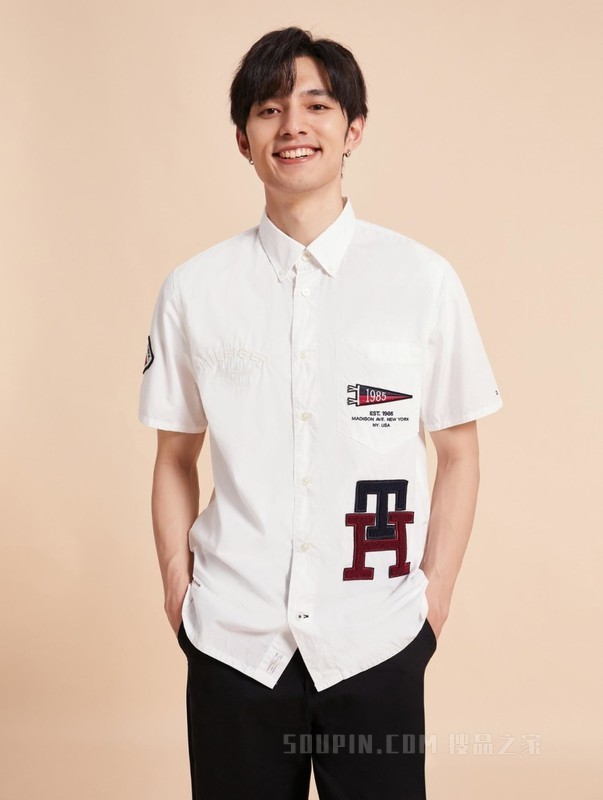 23新款春夏男装纯棉府绸锦旗刺绣短袖休闲衬衫MW0MW30616