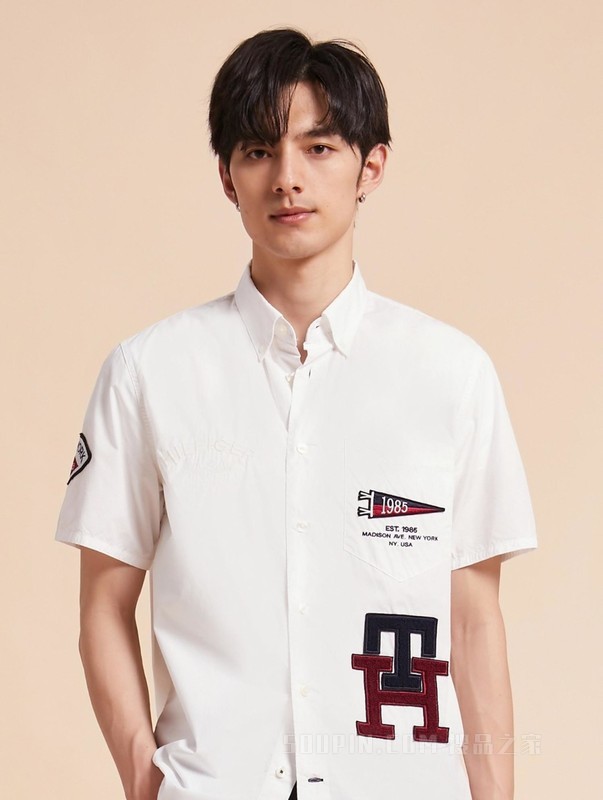23新款春夏男装纯棉府绸锦旗刺绣短袖休闲衬衫MW0MW30616