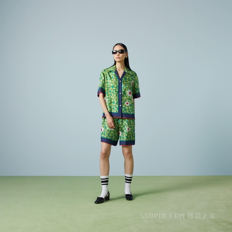 复古草莓印花真丝短裤 绿色和红色