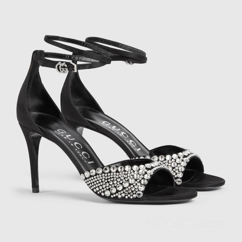 饰水晶女士高跟凉鞋 黑色丝缎