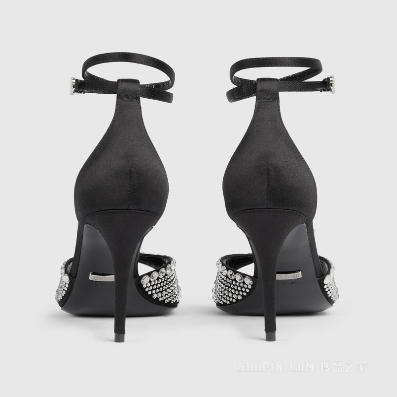 饰水晶女士高跟凉鞋 黑色丝缎
