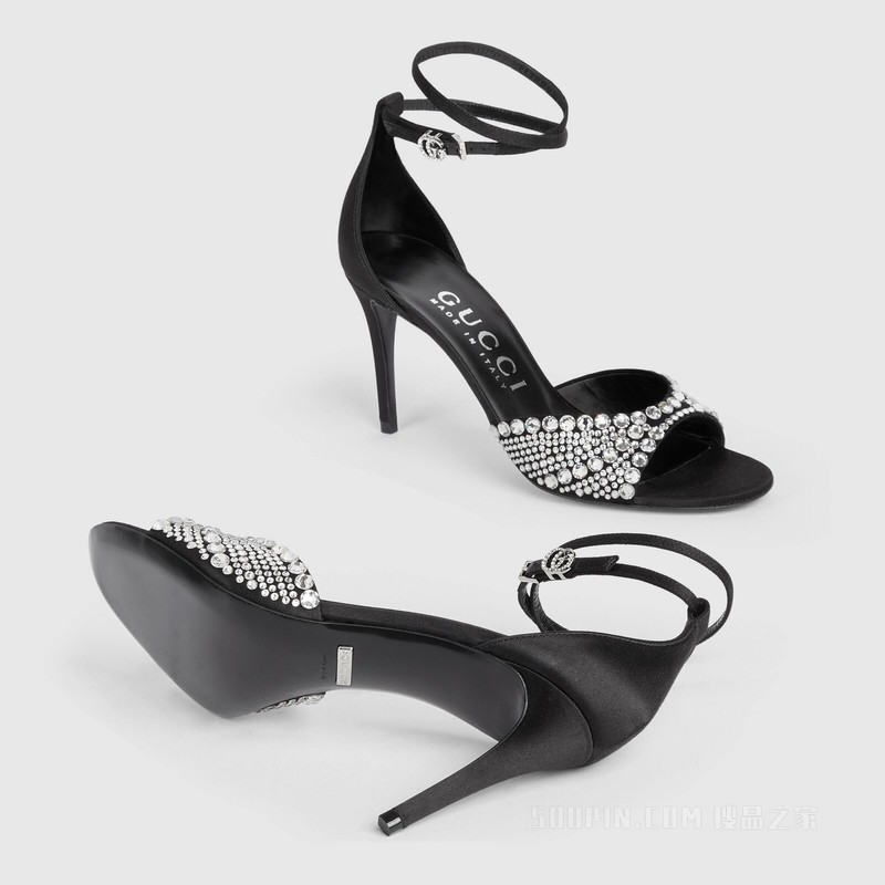 饰水晶女士高跟凉鞋 黑色丝缎
