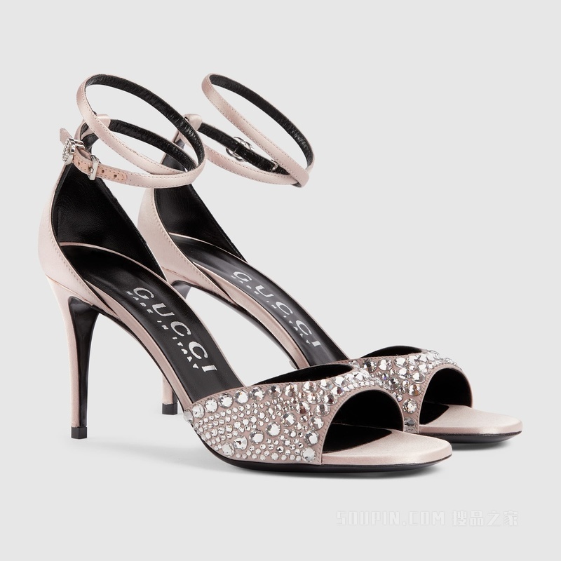 饰水晶女士中跟凉鞋 银色丝缎