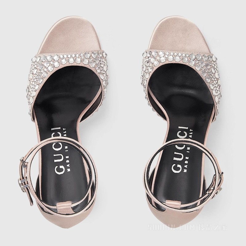 饰水晶女士中跟凉鞋 银色丝缎