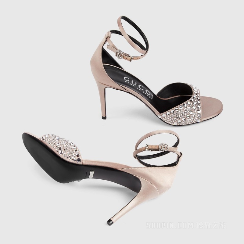 饰水晶女士中跟凉鞋 银色丝缎