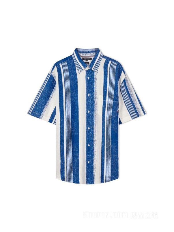 23新款春夏男装舒适亚麻撞色条纹刺绣宽松版短袖衬衫31764