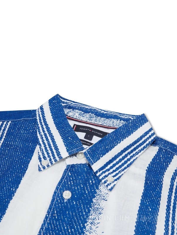 23新款春夏男装舒适亚麻撞色条纹刺绣宽松版短袖衬衫31764