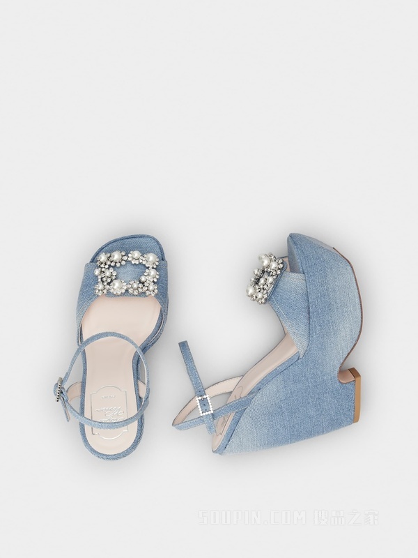 Choc Flower珍珠花扣牛仔布坡跟凉鞋 浅蓝色