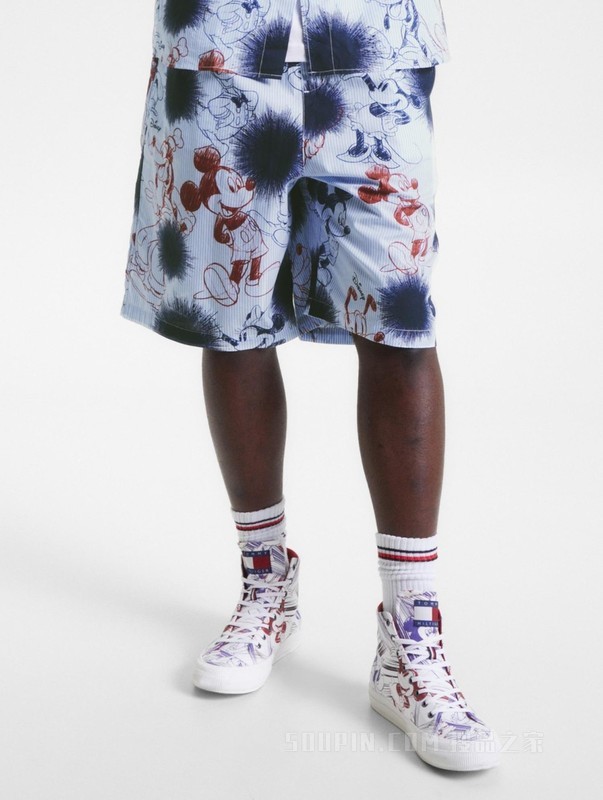 【DISNEY联名系列】23新款男纯棉府绸墨印条纹抽绳短裤31604
