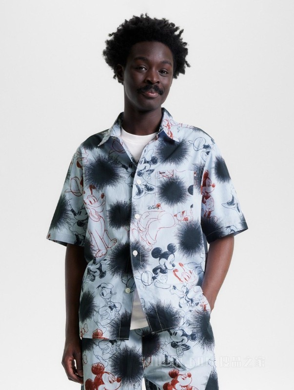 【DISNEY联名系列】23新款男纯棉府绸墨印条纹宽松衬衫31606