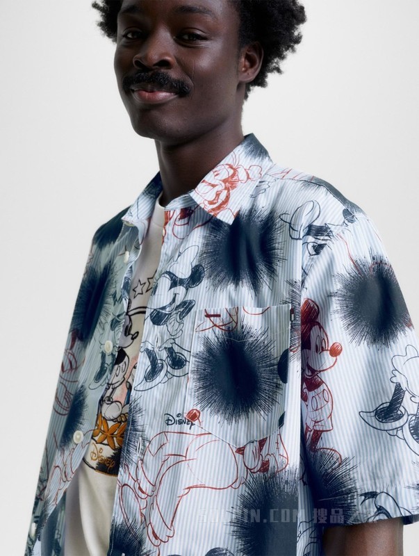 【DISNEY联名系列】23新款男纯棉府绸墨印条纹宽松衬衫31606