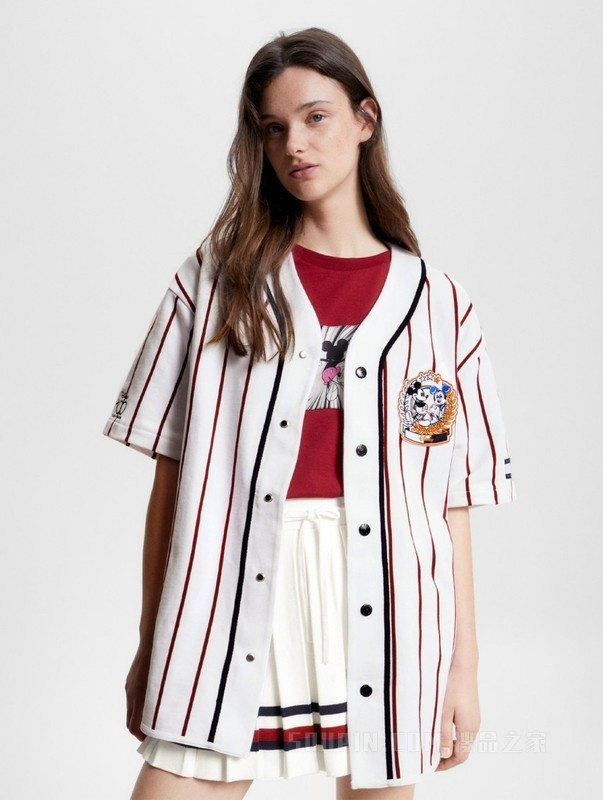 【DISNEY联名系列】23新款男女纯棉刺绣条纹V领宽松T恤31621