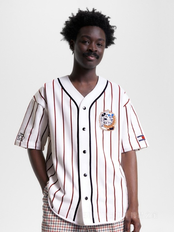 【DISNEY联名系列】23新款男女纯棉刺绣条纹V领宽松T恤31621