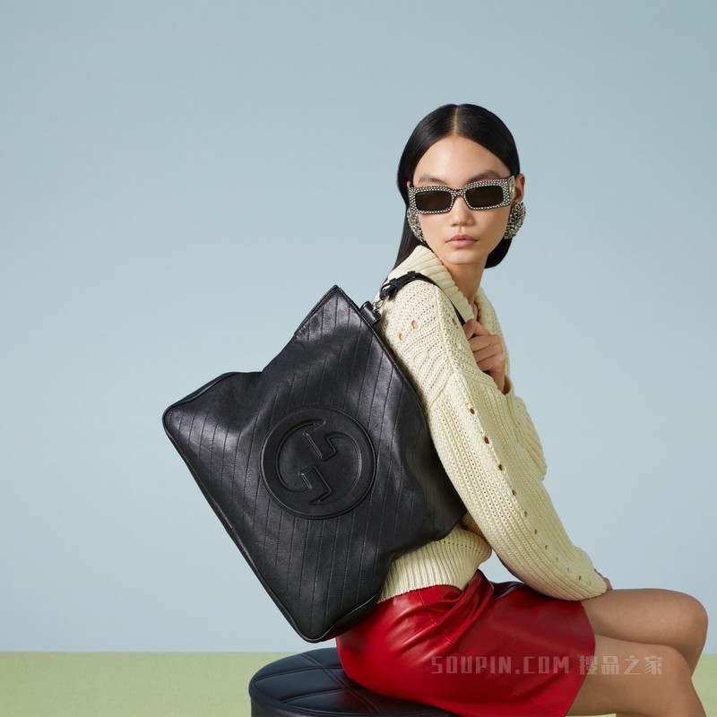 Gucci Blondie系列中号托特包 黑色皮革