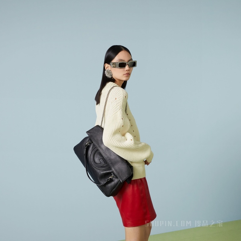 Gucci Blondie系列中号托特包 黑色皮革
