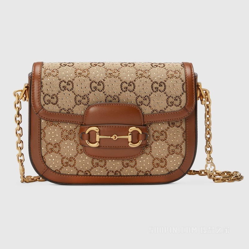 Gucci 马衔扣1955系列GG迷你手袋 驼色和乌木色帆布