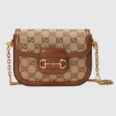 Gucci 马衔扣1955系列GG迷你手袋 驼色和乌木色帆布