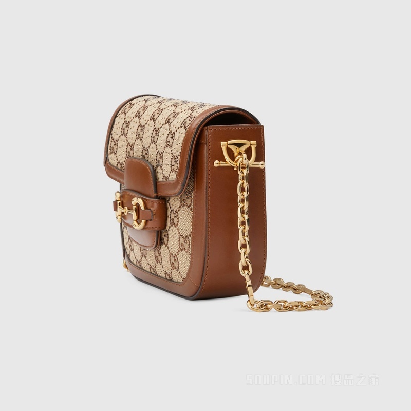 Gucci 马衔扣1955系列GG迷你手袋 驼色和乌木色帆布