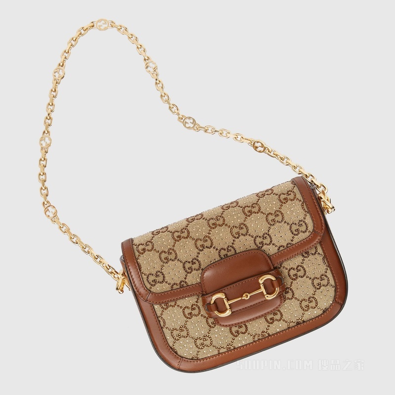 Gucci 马衔扣1955系列GG迷你手袋 驼色和乌木色帆布