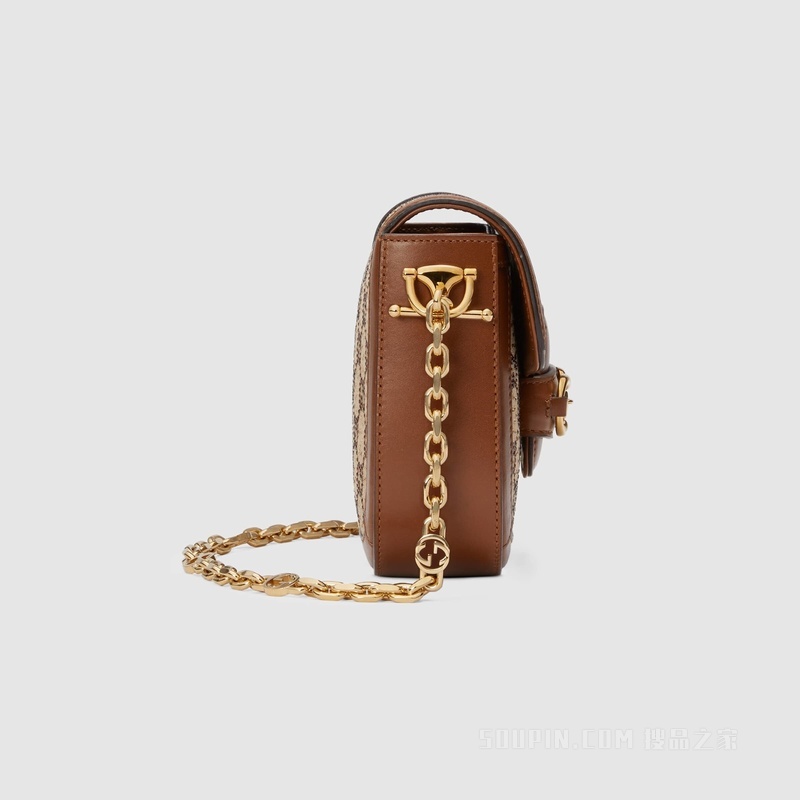 Gucci 马衔扣1955系列GG迷你手袋 驼色和乌木色帆布