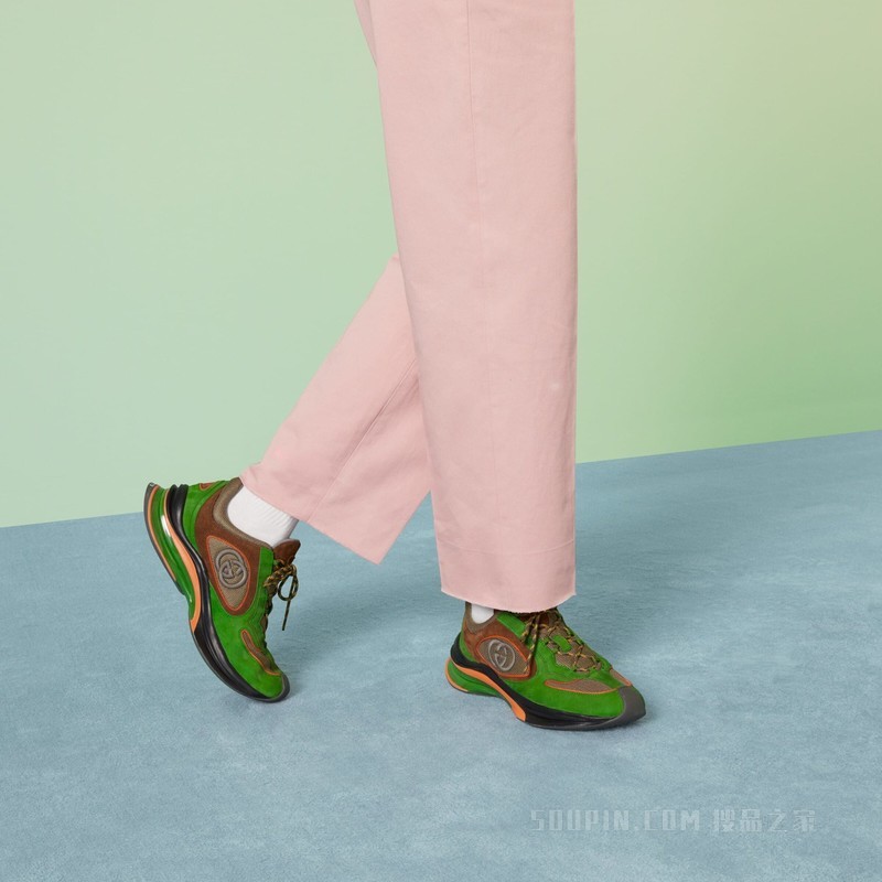 Gucci Run系列男士运动鞋 绿色绒面材质