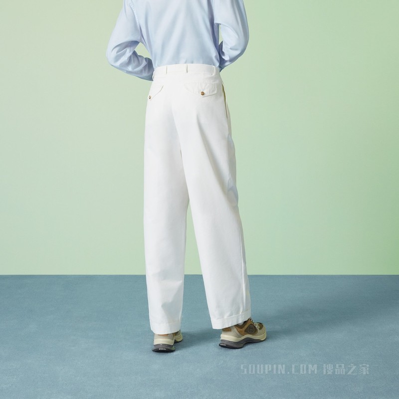 棉麻混纺刺绣长裤 米白色
