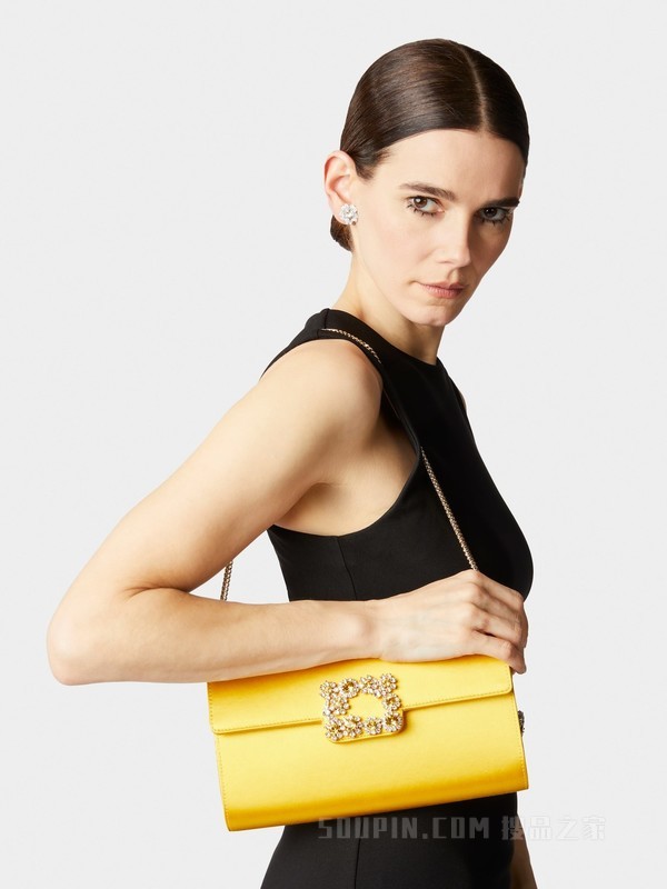 Flower Strass花钻丝缎手拿包 黃色