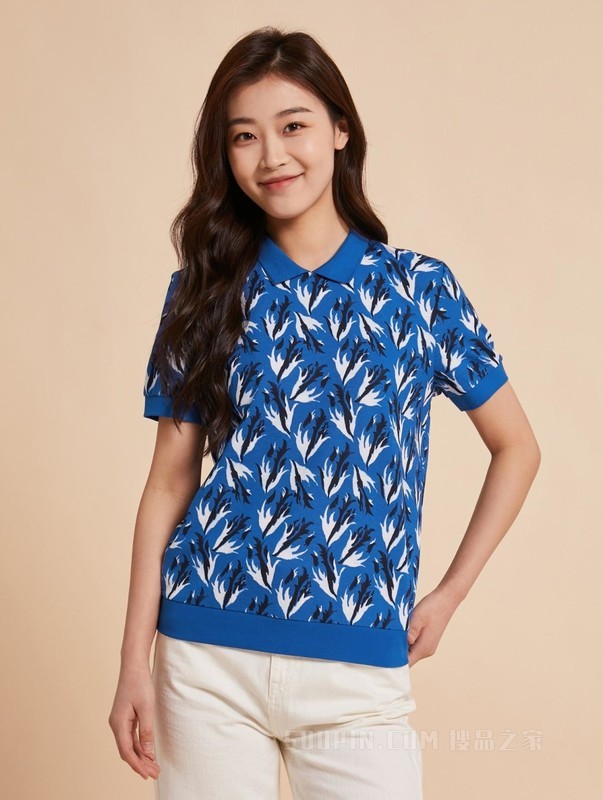 23新款春夏女装时尚羽毛后扣领宽松版短袖POLO衫WW0WW39569
