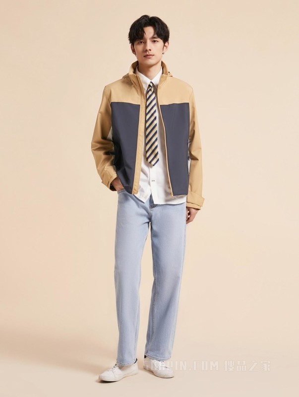 23新款男装休闲拼色可收纳连帽合身版户外夹克外套31655