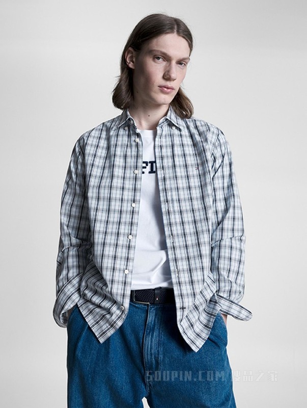 23新款男装纯棉休闲拼色格纹合身版长袖衬衫MW0MW31796