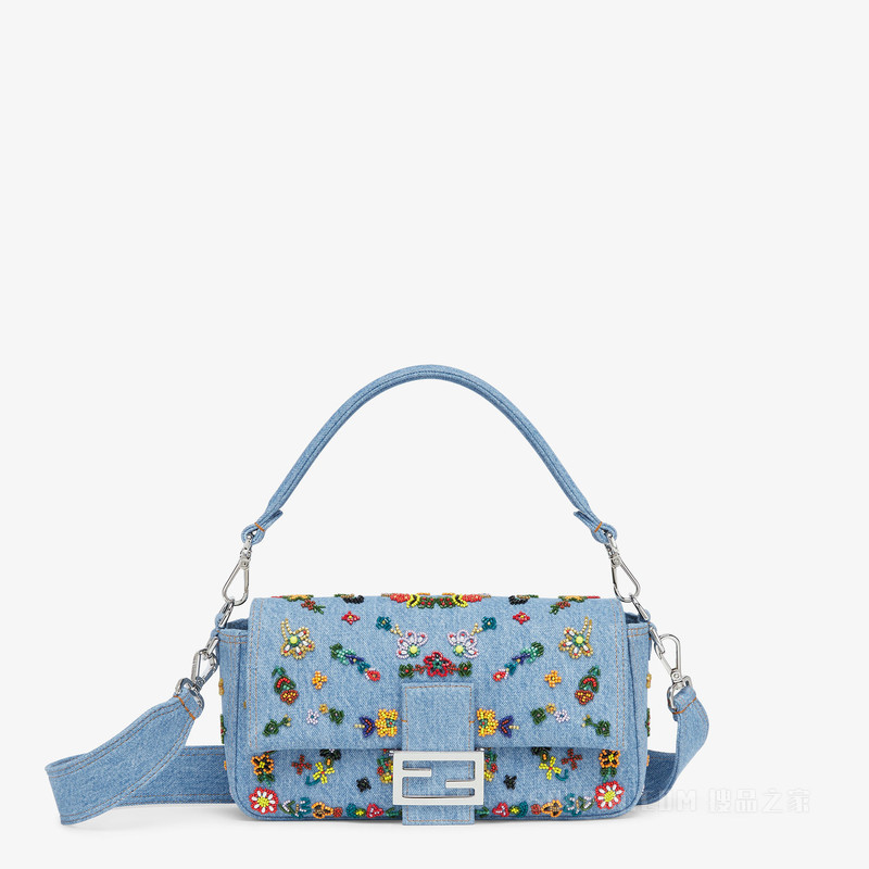 Baguette手袋 牛仔布再版手袋，饰有花卉刺绣