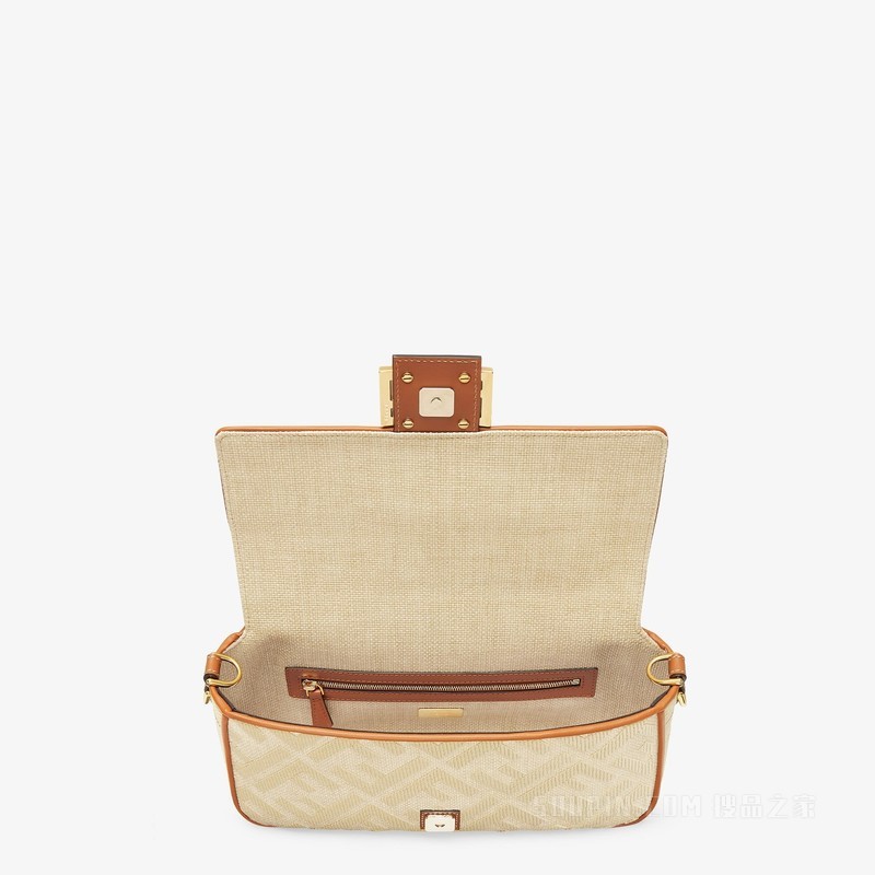 Baguette手袋 天然草编手袋，饰有FF刺绣