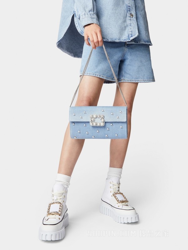 Flower Strass 珍珠钻扣牛仔布手拿包 浅蓝色